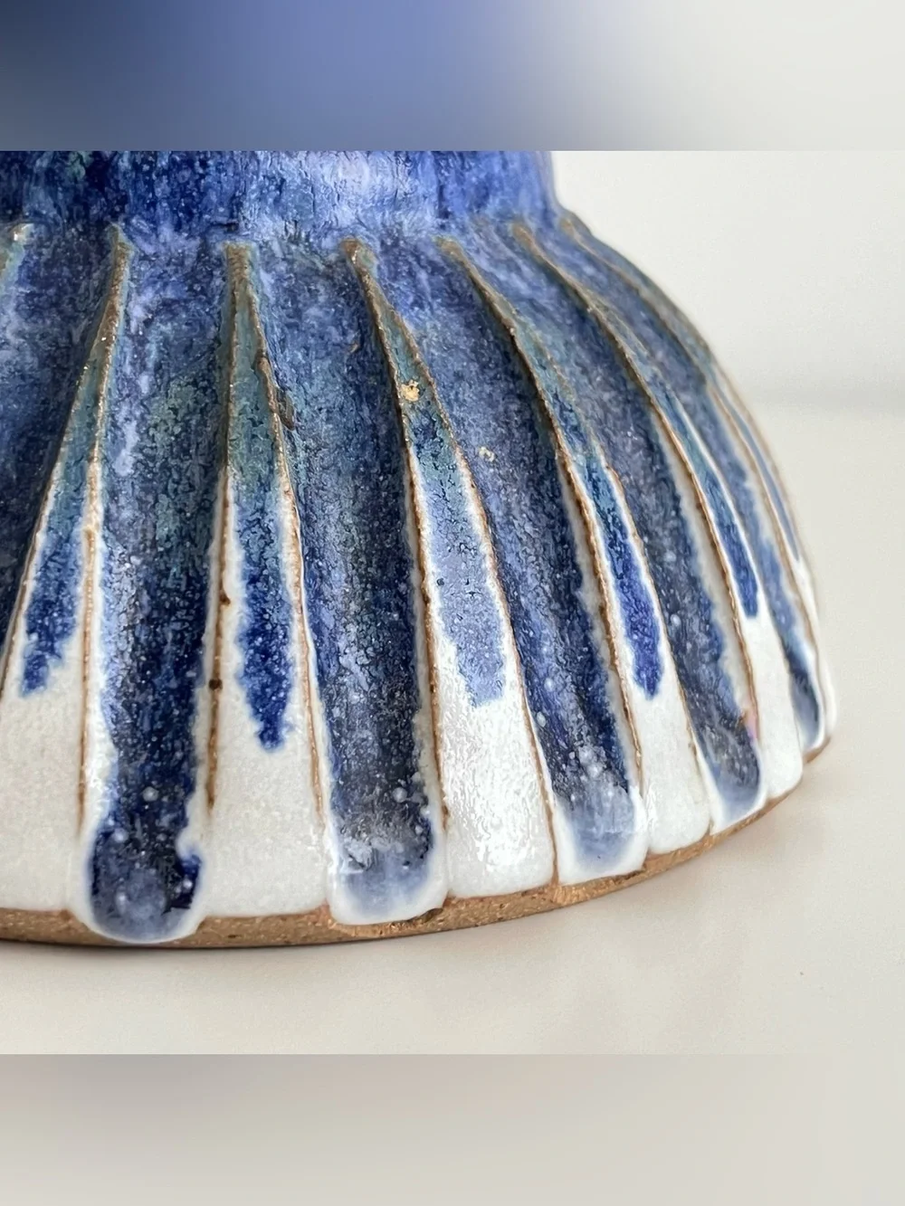 Handmade Studio Pottery Ceramic Bud Vase Blue White Ribbed Boho Organic Unique